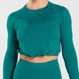Gymshark Seamless Long Sleeve Cropped Top with Cinched Waist in Teal Green - XS
